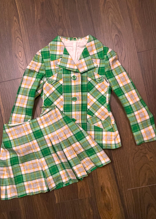 Vintage Γυναικείο Σετ (Σακάκι - Φούστα) Πράσινο - Πορτοκαλί χρώμα (XS/2XS - 152cm)