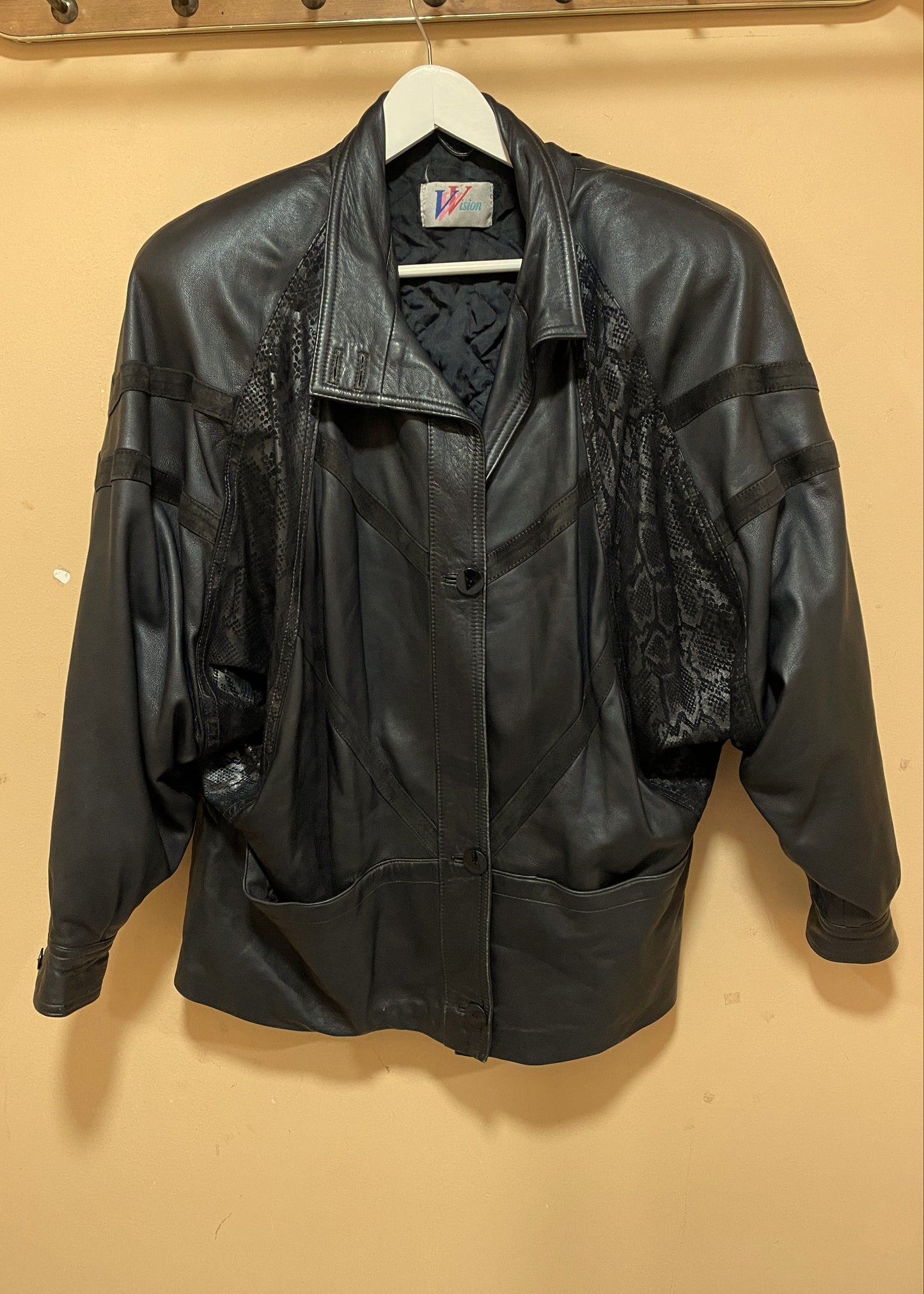 Vintage, Δερμάτινο Γυναικείο Τζάκετ / Πανωφόρι VISION σε Μαύρο χρώμα (Άνετο XL)