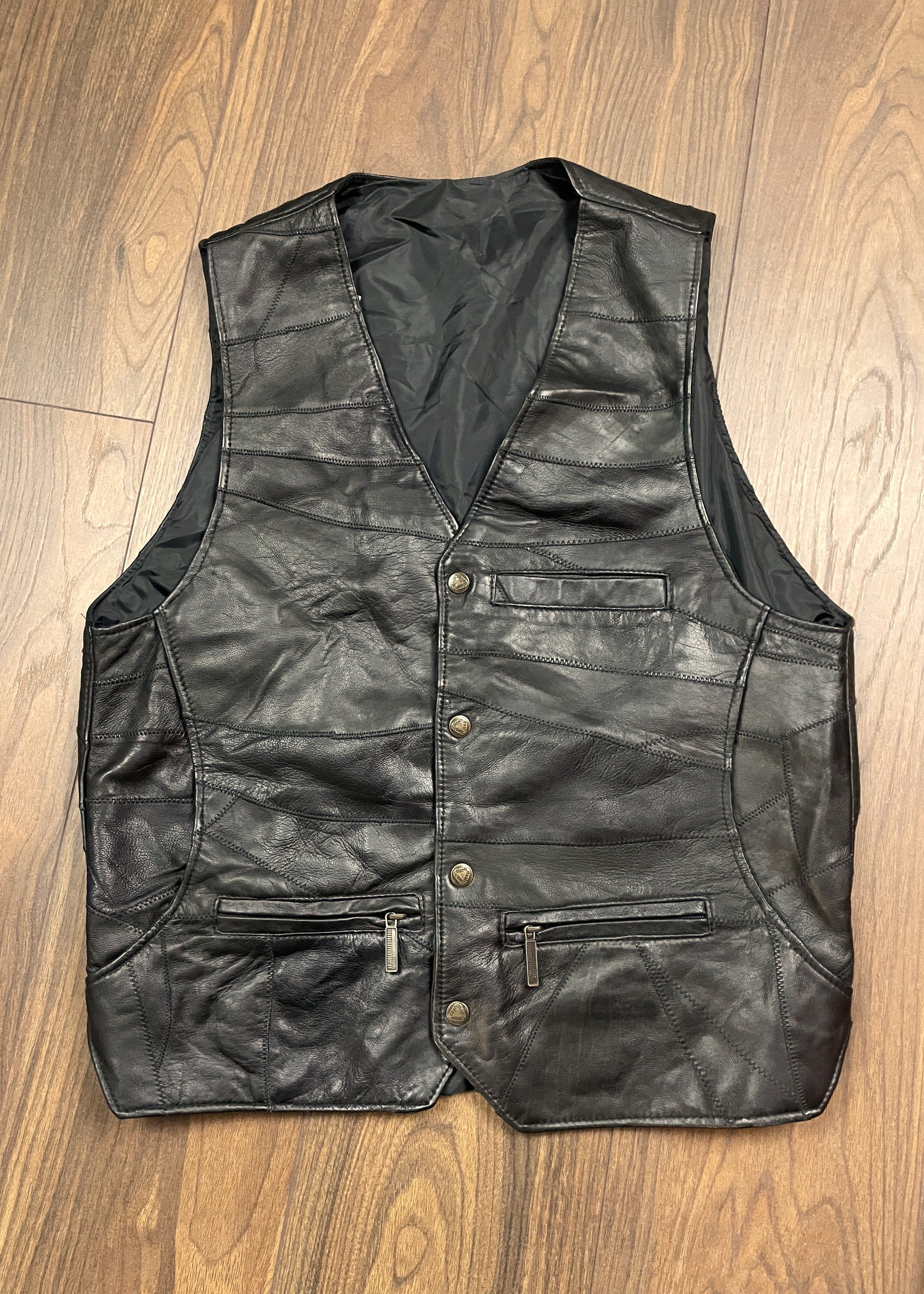 Vintage, Δερμάτινο Aνδρικό Γιλέκο σε Μαύρο Χρώμα