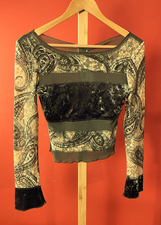 Vintage Γυναικεία Μπλούζα από Βελούδο και Κοφτό σχέδιο σε Χακί / Μπεζ χρώμα