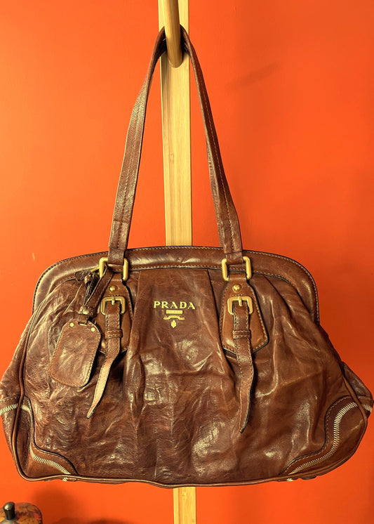 UNIQUE ITEM: Vintage, Δερμάτινη Τσάντα PRADA σε Καφέ χρώμα
