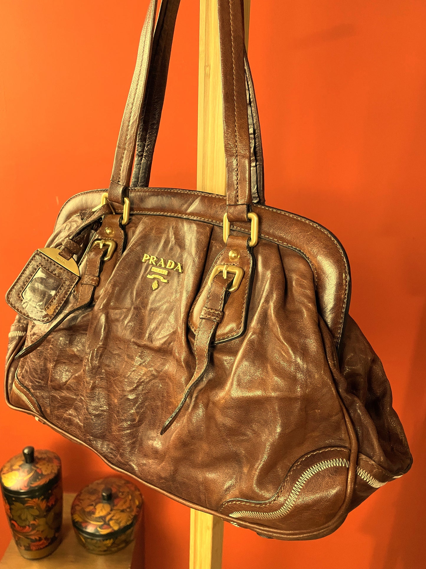 UNIQUE ITEM: Vintage, Δερμάτινη Τσάντα PRADA σε Καφέ χρώμα
