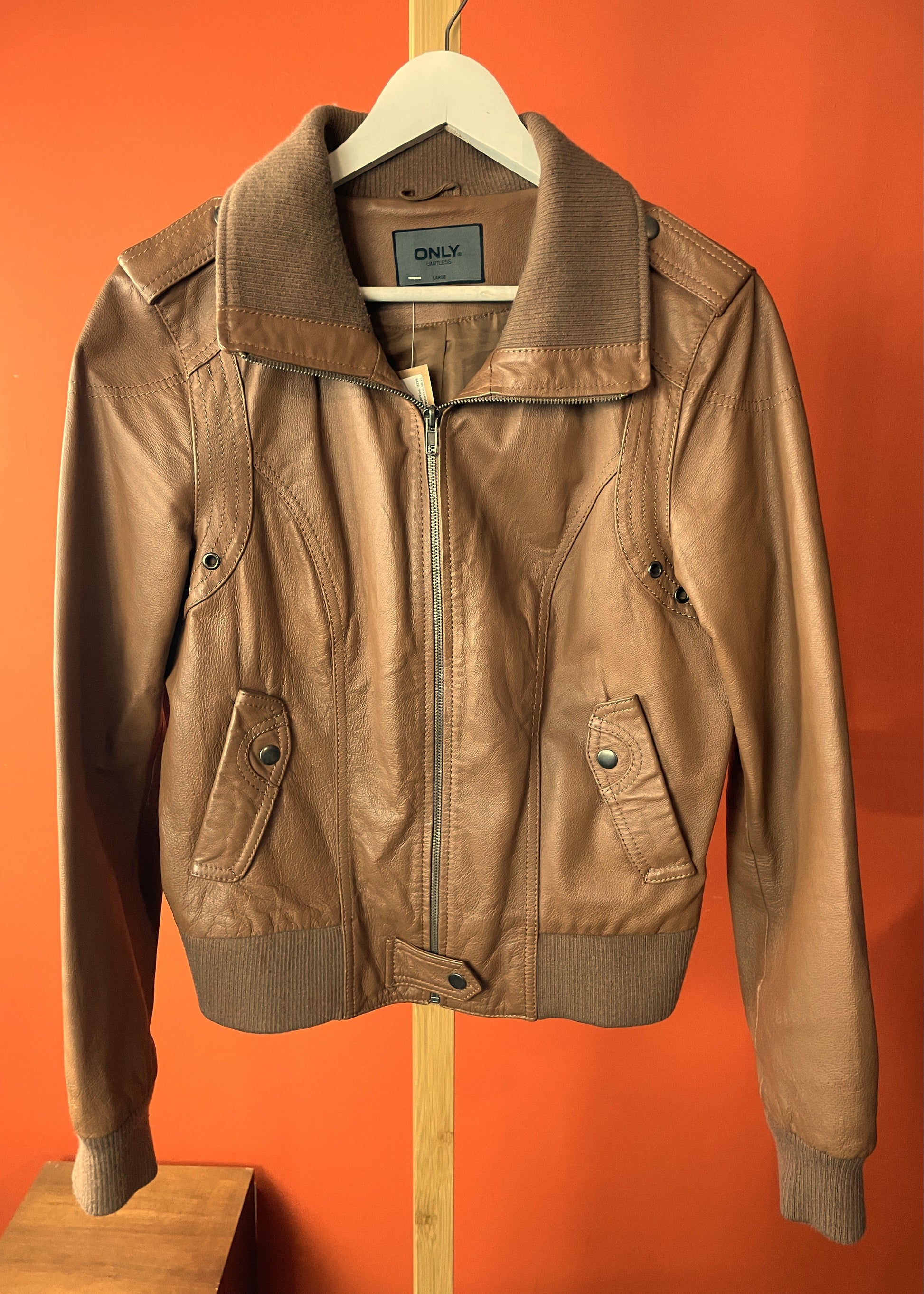 Vintage, Δερμάτινο Γυναικείο Τζάκετ / Πανωφόρι ONLY Limitless σε Καφέ χρώμα
