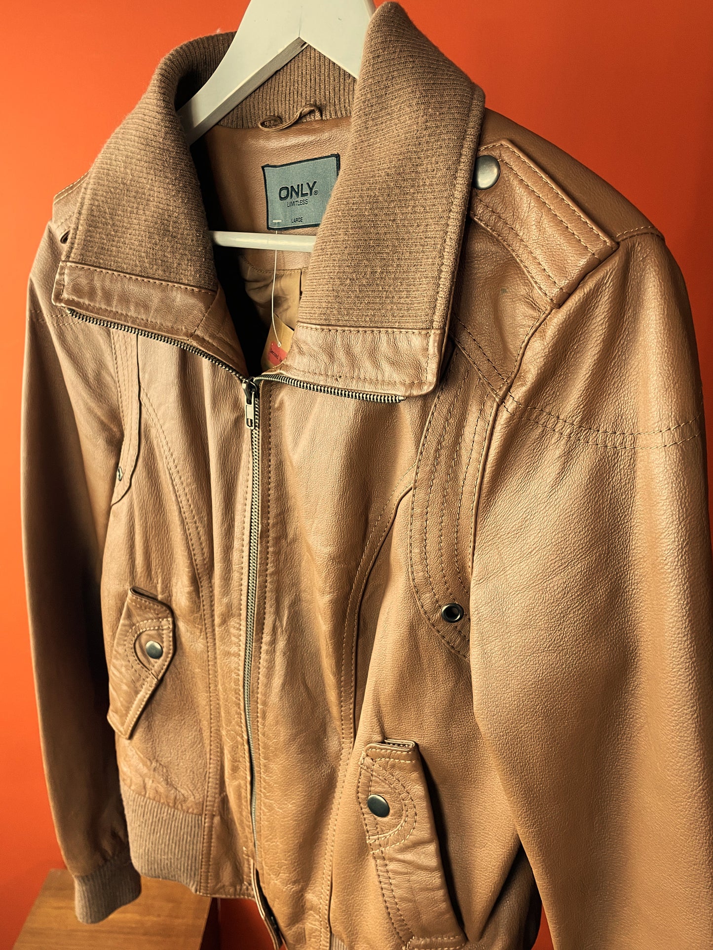 Vintage, Δερμάτινο Γυναικείο Τζάκετ / Πανωφόρι ONLY Limitless σε Καφέ χρώμα (Medium)