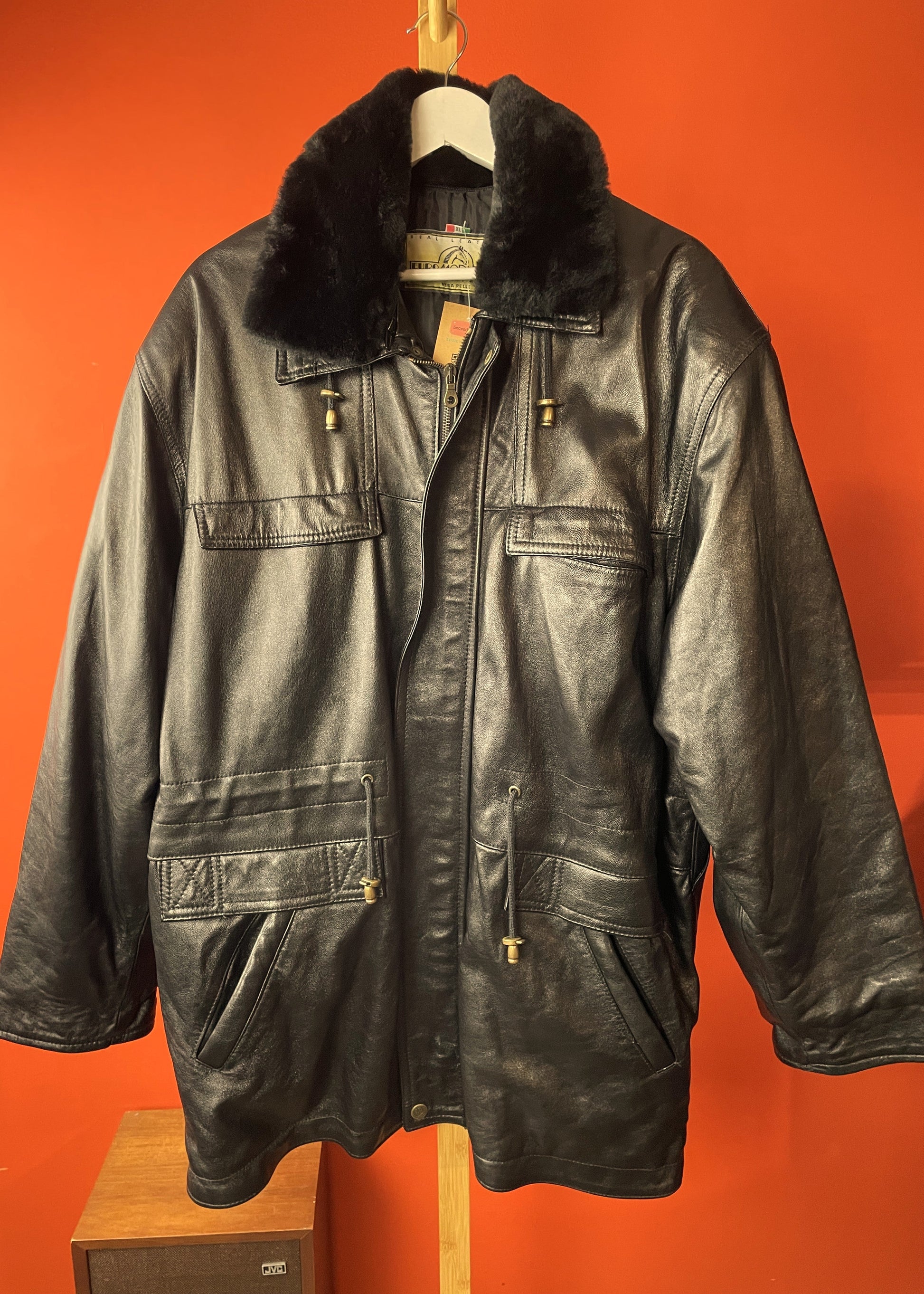 Vintage, Δερμάτινο Ανδρικό Τζάκετ EURO MODA By MF σε Μαύρο χρώμα