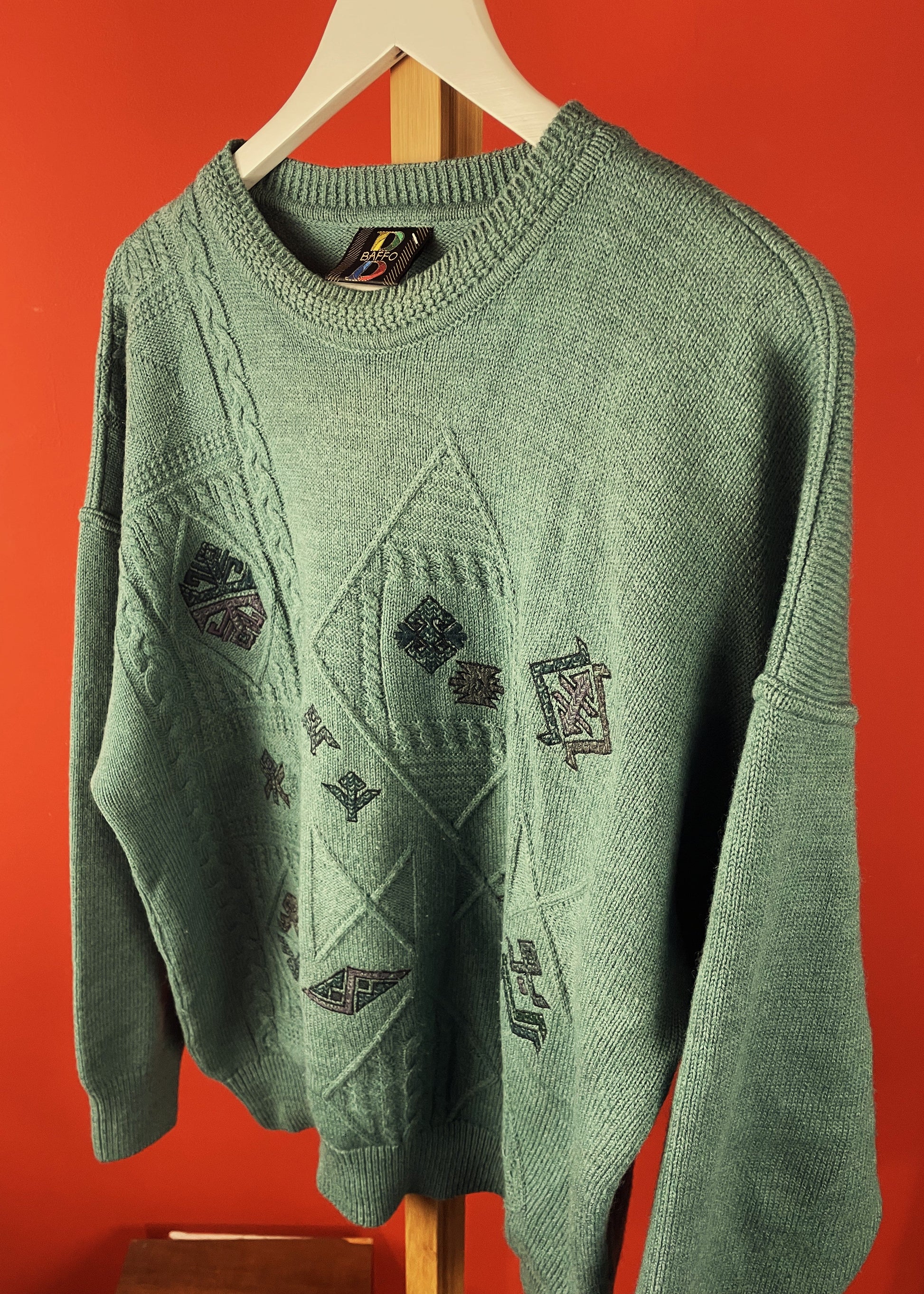 Vintage, Πλεκτή Ανδρική Μπλούζα / Πουλόβερ BAFFO σε Dirty Βεραμάν (Large)