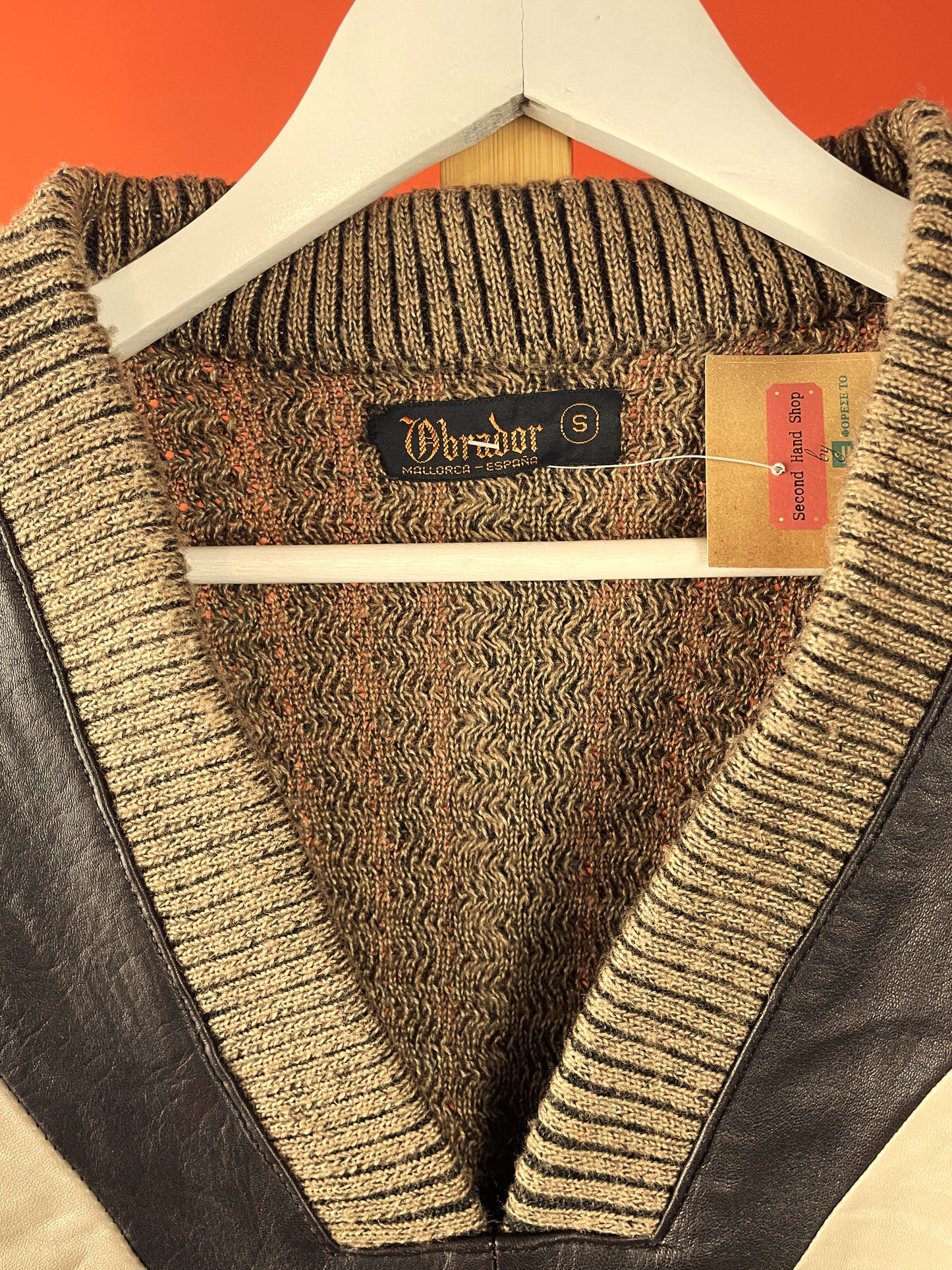 UNIQUE ITEM: Vintage, Πλεκτή Ανδρική Μπλούζα / Πουλόβερ με Δέρμα σε Καφέ χρώμα (Oversized S - Άνετο M)