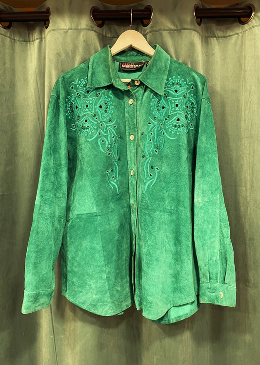 Vintage, Δερμάτινο Γυναικείο Τζάκετ Στυλ Πουκάμισου GIORGIO MOBIANI σε Πράσινο χρώμα (XL)