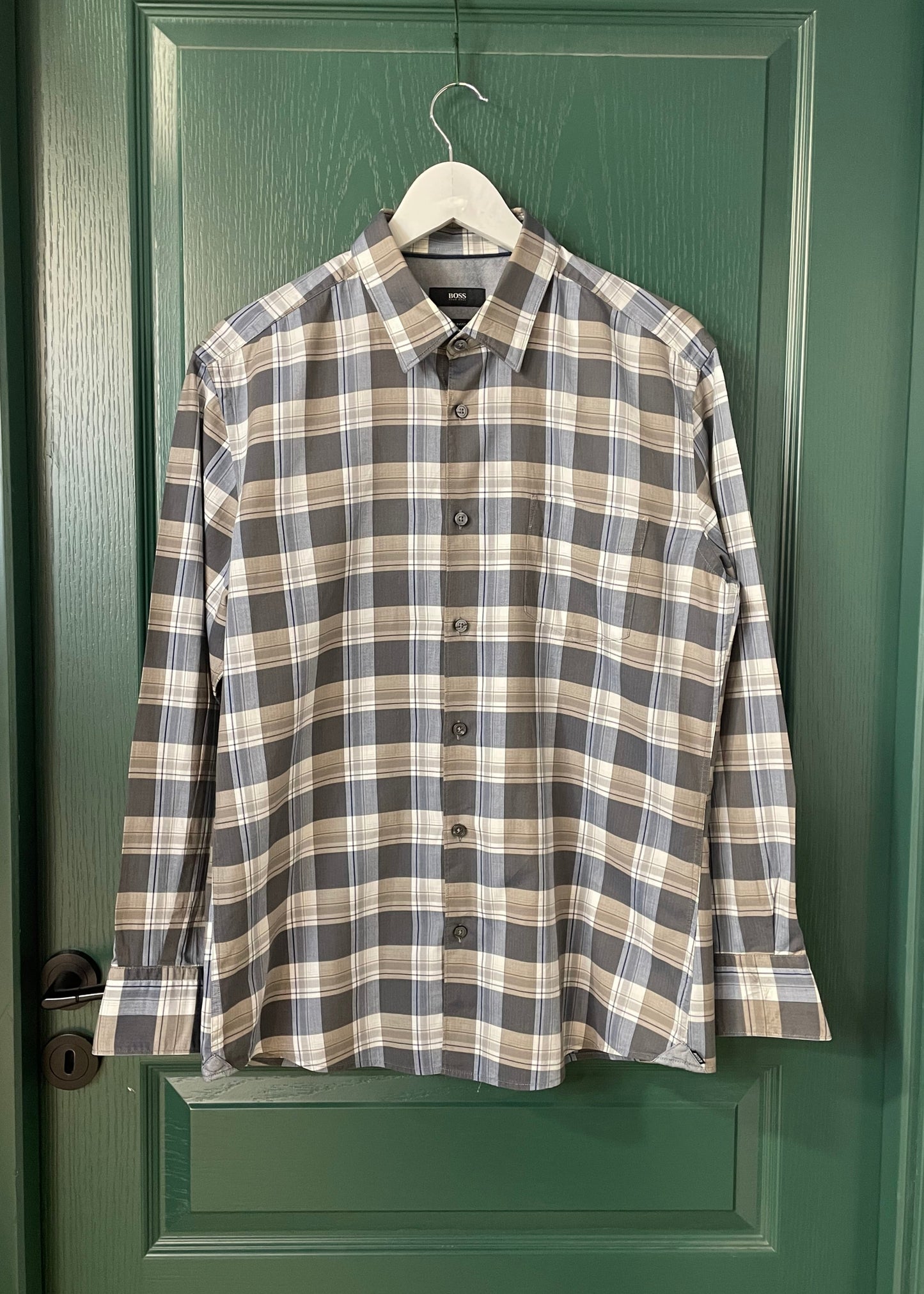 Καρό Ανδρικό Πουκάμισο HUGO BOSS Slim Fit σε Παλ Γκρι - Καφέ χρώματα (M/L)