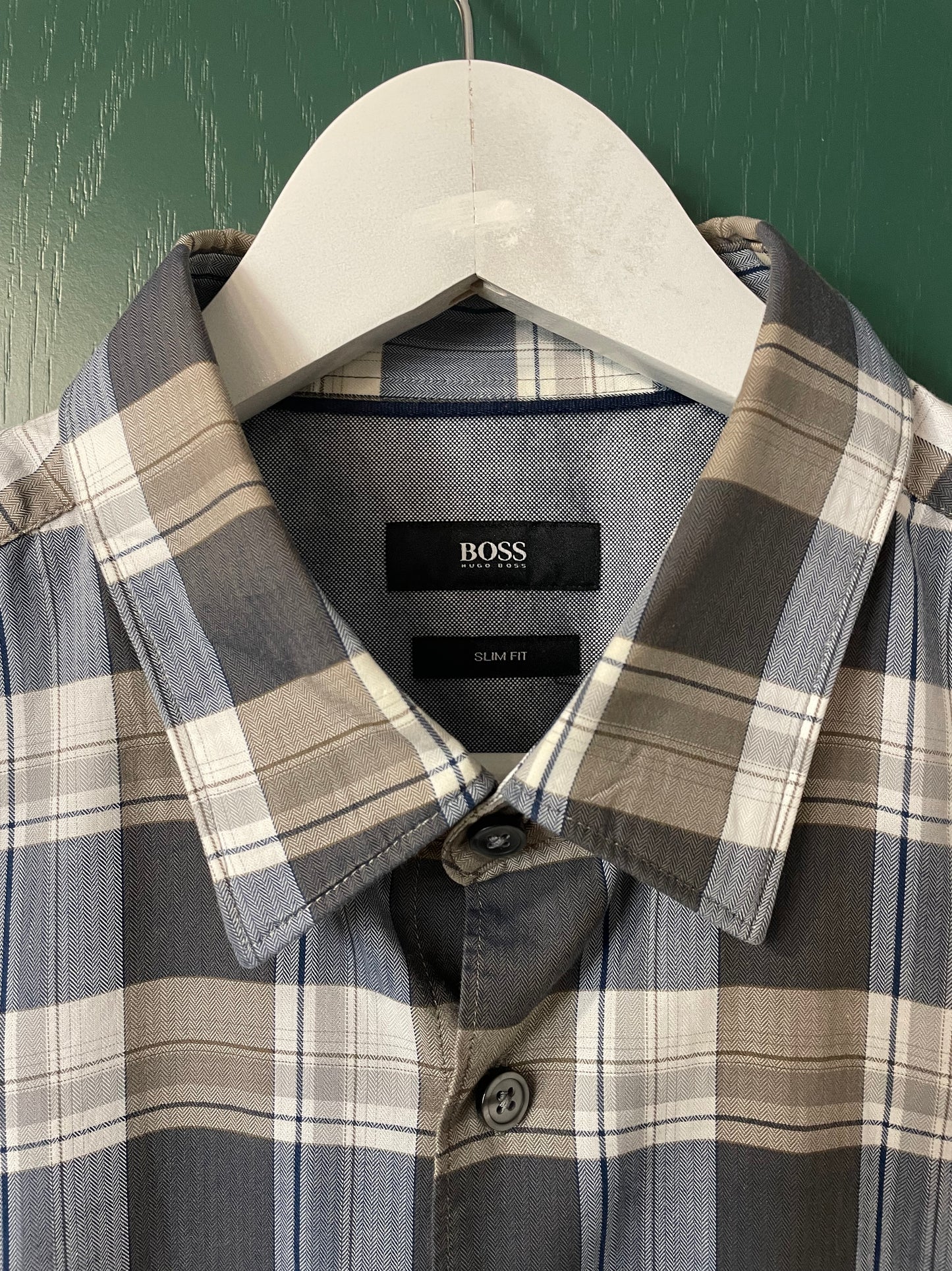 Καρό Ανδρικό Πουκάμισο HUGO BOSS Slim Fit σε Παλ Γκρι - Καφέ χρώματα (M/L)