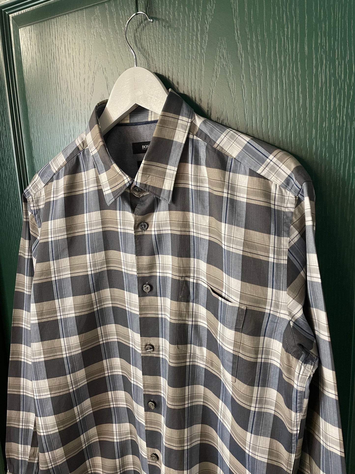 Καρό Ανδρικό Πουκάμισο HUGO BOSS Slim Fit σε Παλ Γκρι - Καφέ χρώματα (M/L)