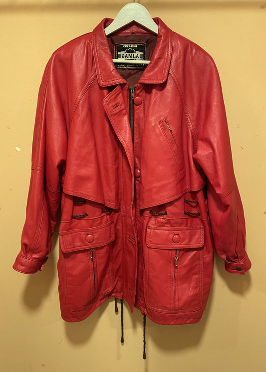 UNIQUE ITEM : Vintage, Δερμάτινο Γυναικείο Μπουφάν KAMLA CREATIONS σε Κόκκινο χρώμα (Άνετο L-XL)