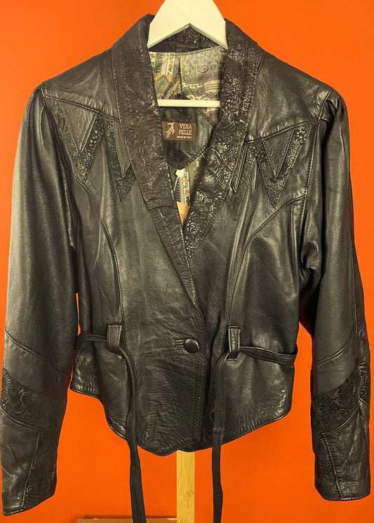 Vintage, Δερμάτινο Γυναικείο Τζάκετ σε Μαύρο χρώμα (Medium)