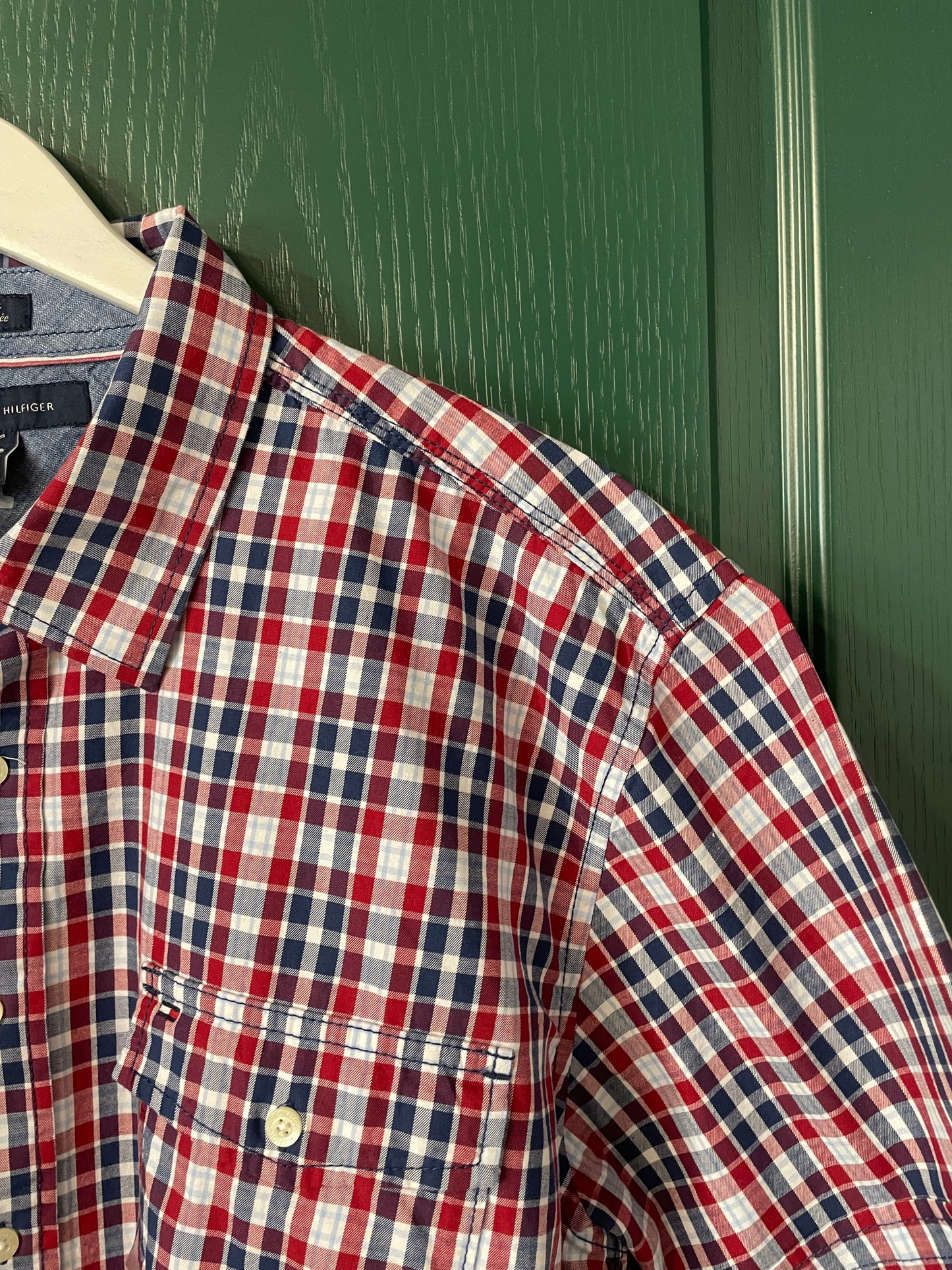 Stock, Καρό, Κοντομάνικο Ανδρικό Πουκάμισο TOMMY HILFIGER σε Κόκκινο - Μπλε χρώμα (XL/2XL)