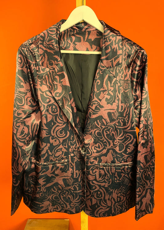 Vintage, Εμπριμέ Γυναικείο Σακάκι σε Μαύρο - Σάπιο Μήλο (Large)