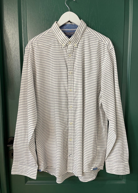 Ριγέ, Ανδρικό Πουκάμισο TOMMY HILFIGER New York Fit σε Λευκό - Σιελ χρώμα (XL)