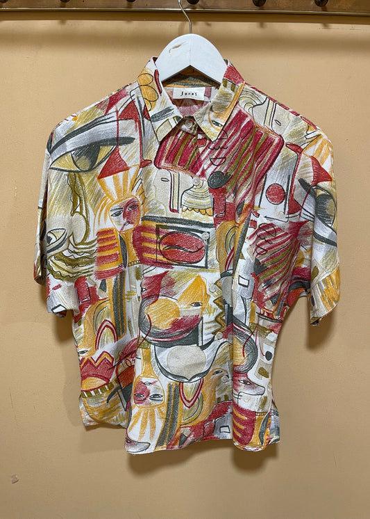 Vintage, Εμπριμέ Κοντομάνικο Γυναικείο Πουκάμισο JONES σε Κίτρινα / Πορτοκαλί Χρώματα (Large)