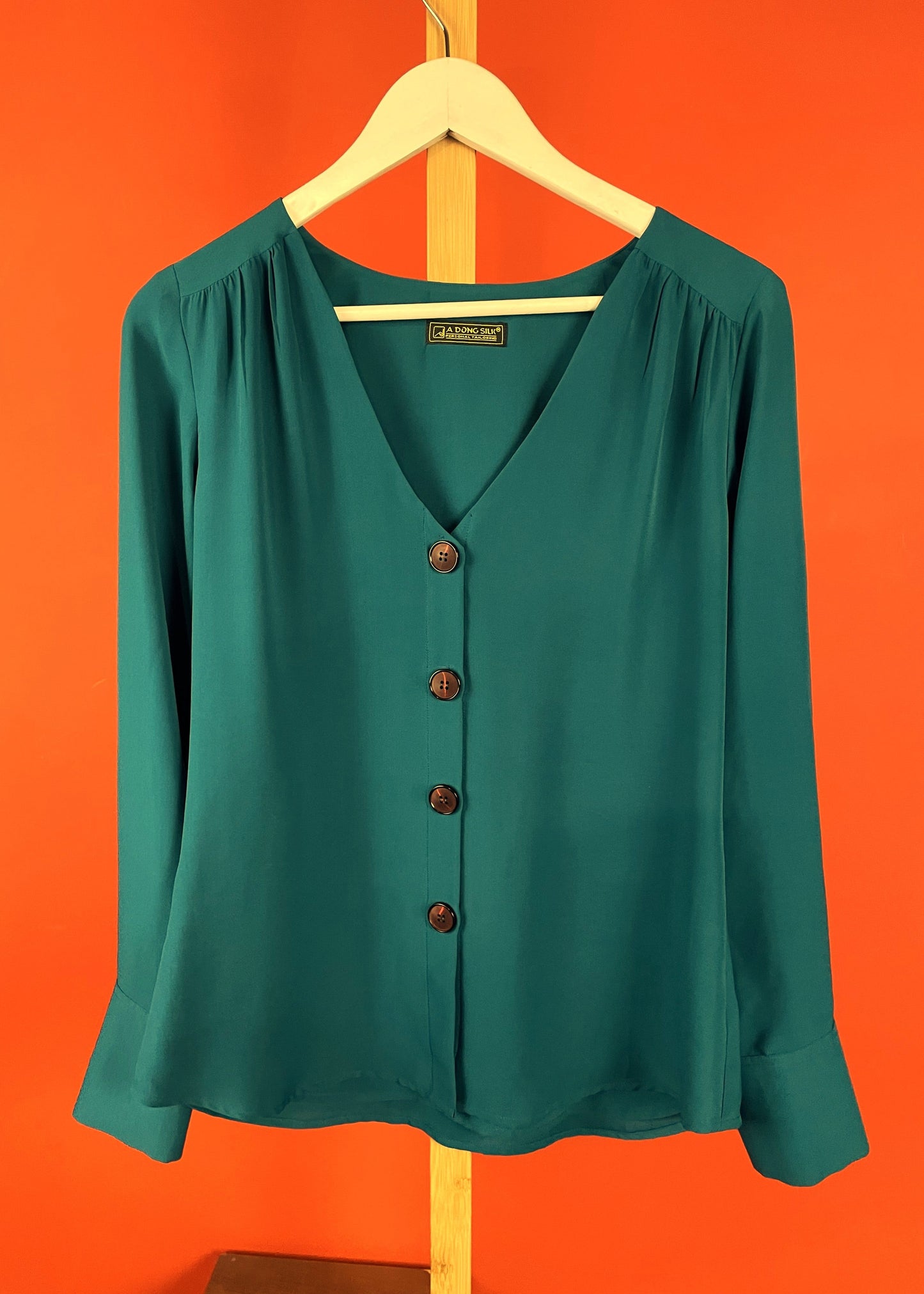 Μεταξωτό, Vintage Γυναικείο Πουκάμισο A DONG SILK σε Βεραμάν χρώμα (Medium)