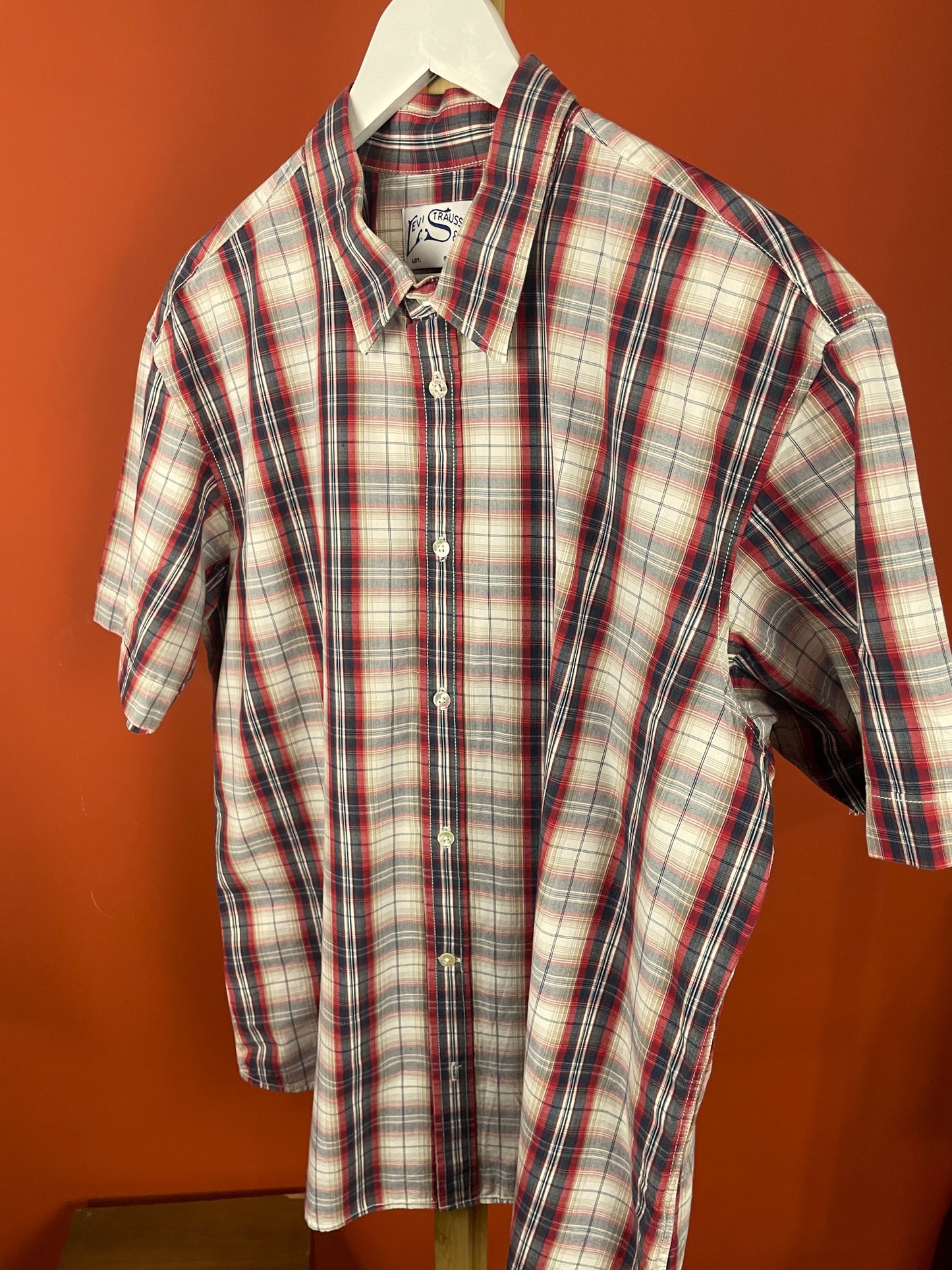 Vintage, Κοντομάνικο Ανδρικό Πουκάμισο LEVI'S με Κόκκινες - Σκούρο Μπλε Ρίγες (Large)