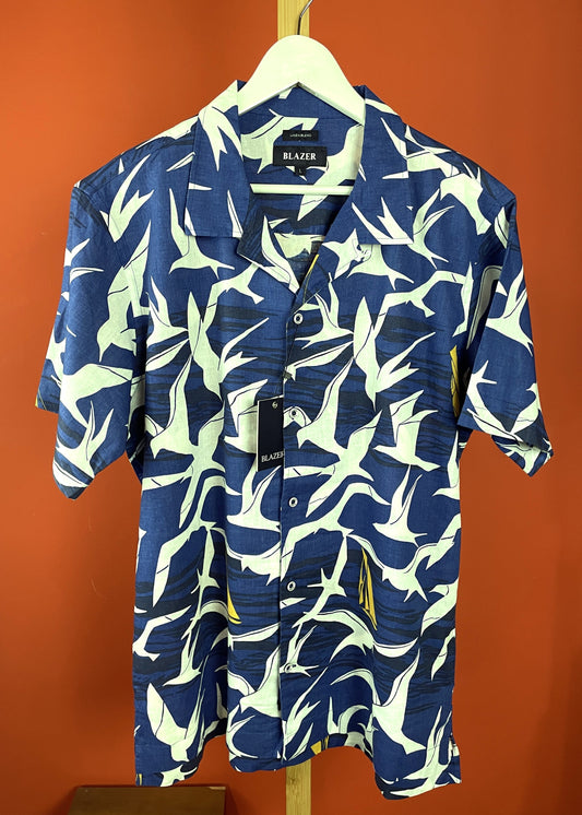 Stock, Hawaiian Style Ανδρικό Πουκάμισο από Λινό και Βαμβάκι BLAZER σε Μπλε - Λευκό χρώμα (Medium)