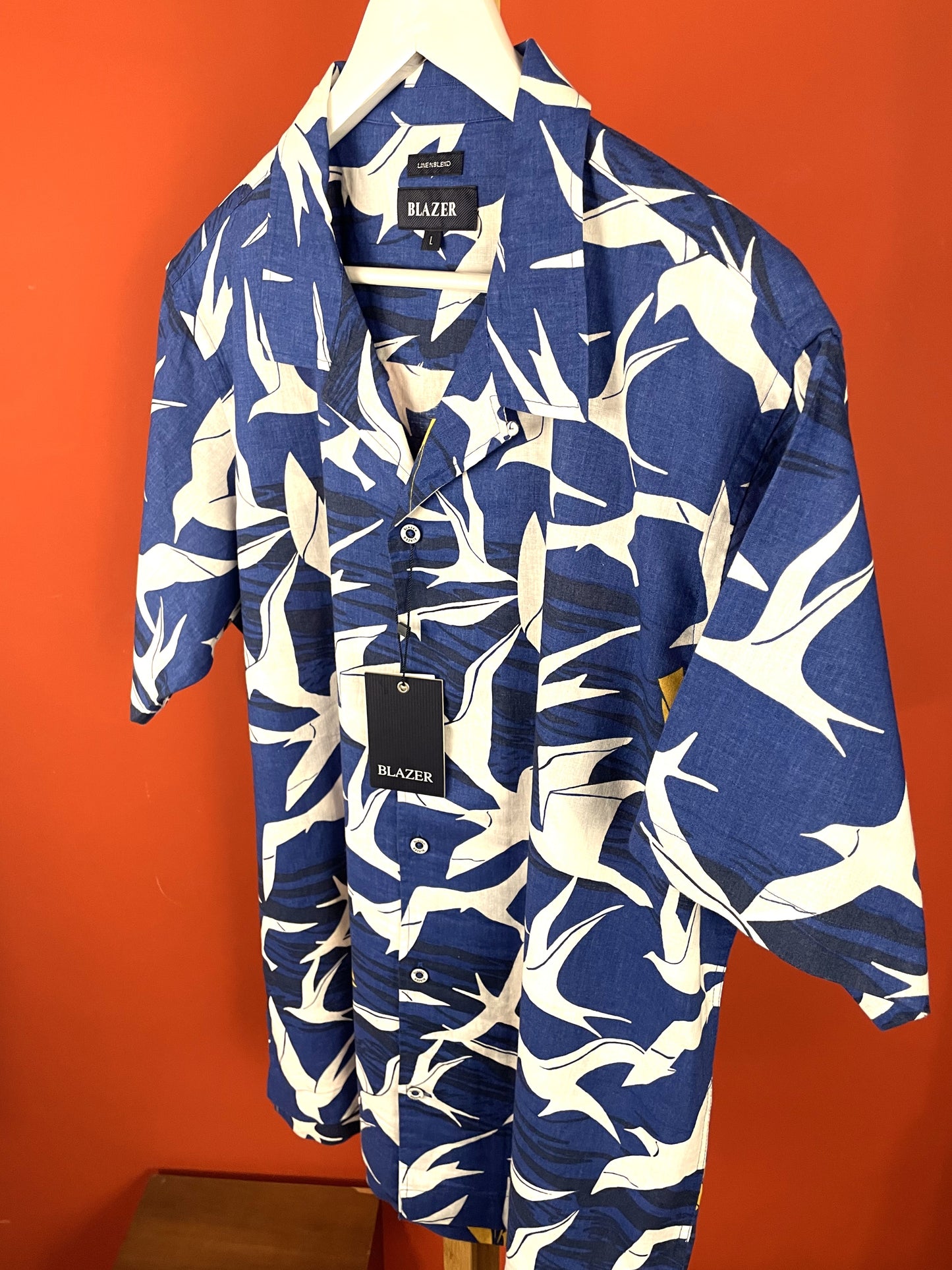 Stock, Hawaiian Style Ανδρικό Πουκάμισο από Λινό και Βαμβάκι BLAZER σε Μπλε - Λευκό χρώμα (Medium)