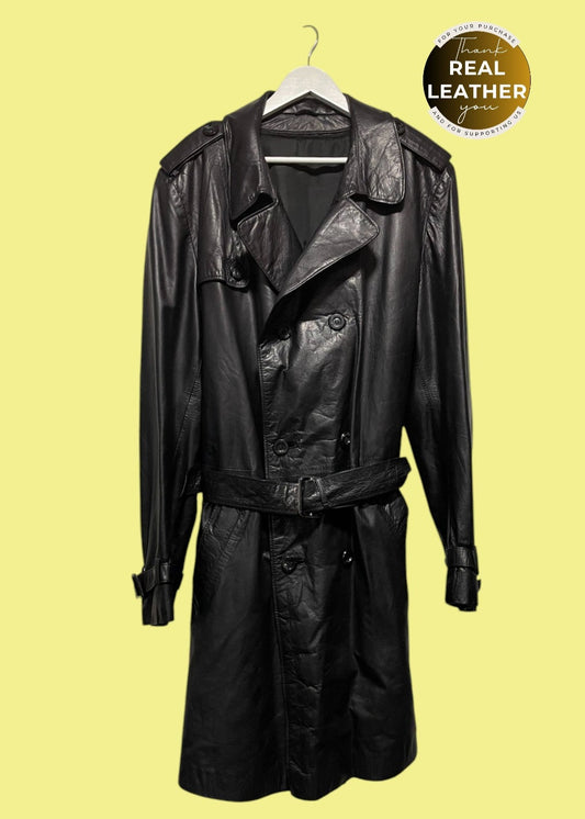 Vintage, Δερμάτινο Ανδρικό Παλτό σε Μαύρο χρώμα (Large)