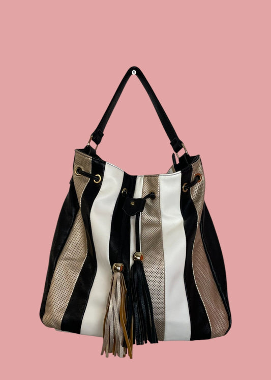 Γυναικεία Ριγέ Τσάντα Ώμου JENNY FAIRY σε Μαύρο χρώμα