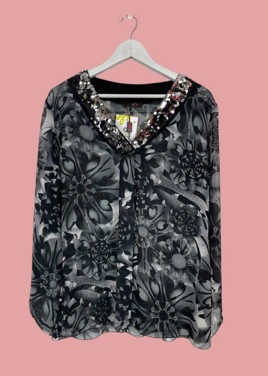 Ιταλική, Stock, Γυναικεία Μπλούζα MISS COMODE Μαύρο-Γκρι Χρώμα (Large)