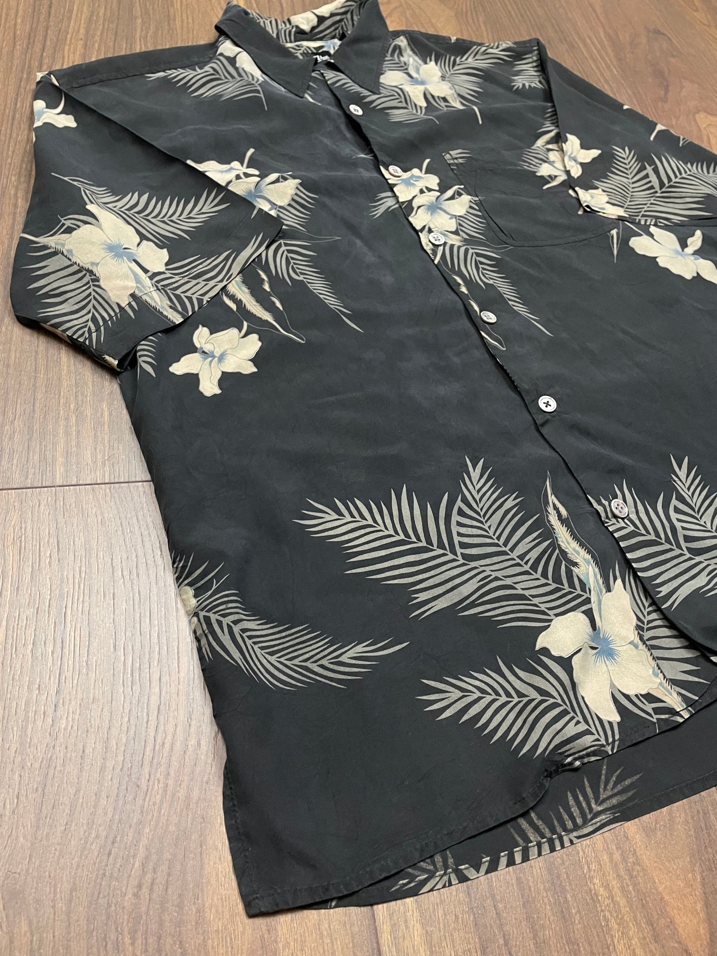 Μεταξωτό, Hawaiian Ανδρικό Πουκάμισο SILK ICON σε Μαύρο / Γκρι χρώμα (Άνετο M)