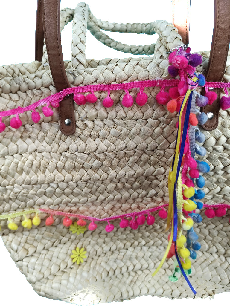 Γυναικεία Ψάθινη Τσάντα με όμορφες χρωματιστές λεπτομέρειες και καφέ λουράκια