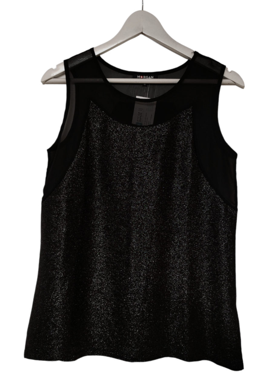 Αμάνικη, Γυναικεία Μπλούζα MORGAN σε Μαύρο Χρώμα με Ασημί ύφασμα (Small)