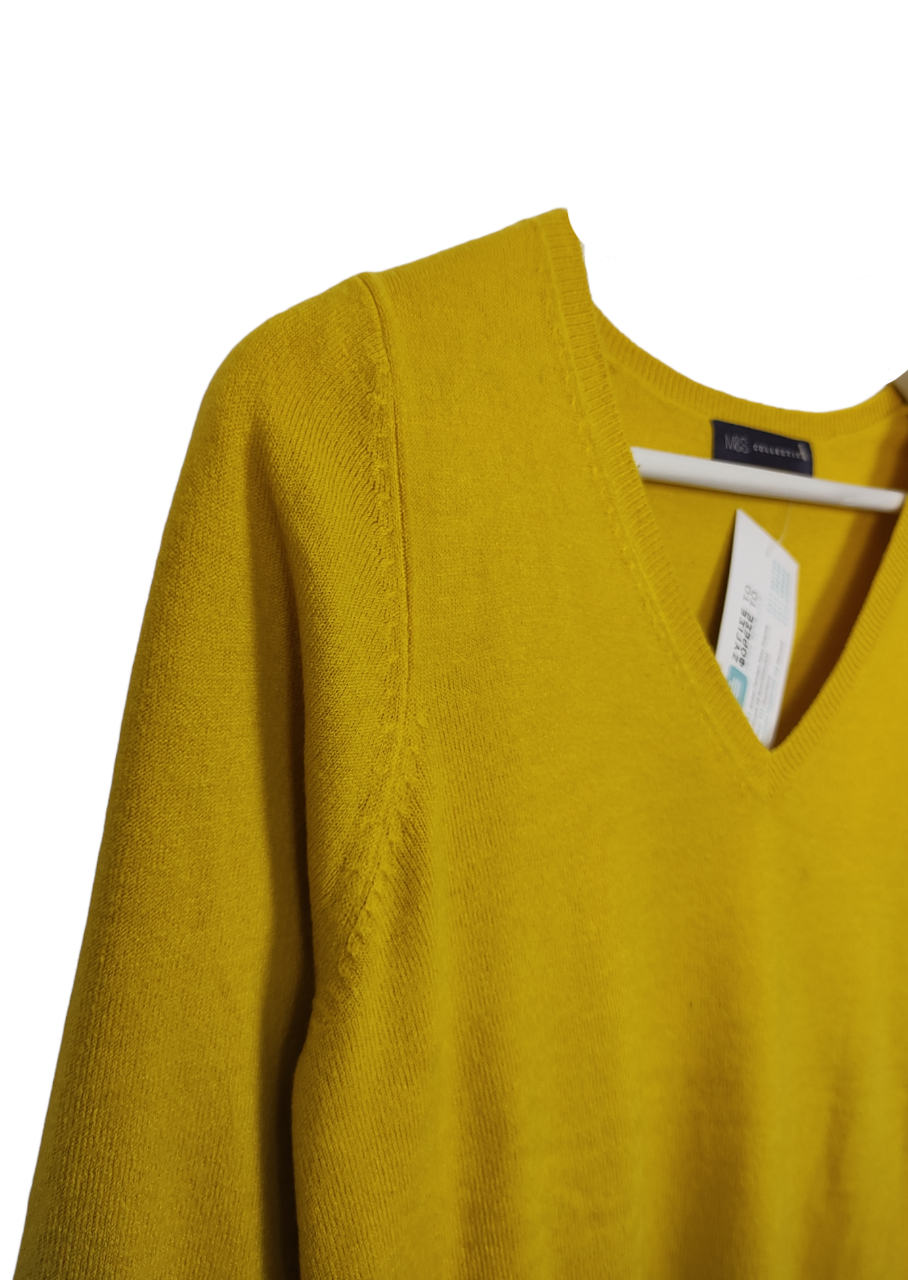 Πλεκτή Γυναικεία Μπλούζα M&S σε Ζωντανό Κίτρινο χρώμα και  V Σχέδιο (Small)
